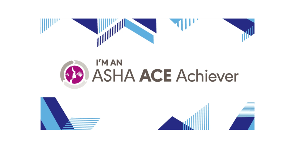 Logo with text 'I'm an ASHA ACE Achiever' decorated with blue geometric patterns.