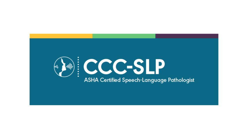 CCCSLP logo signifying ASHA Certified Speech-Language Pathologist text on a teal background.