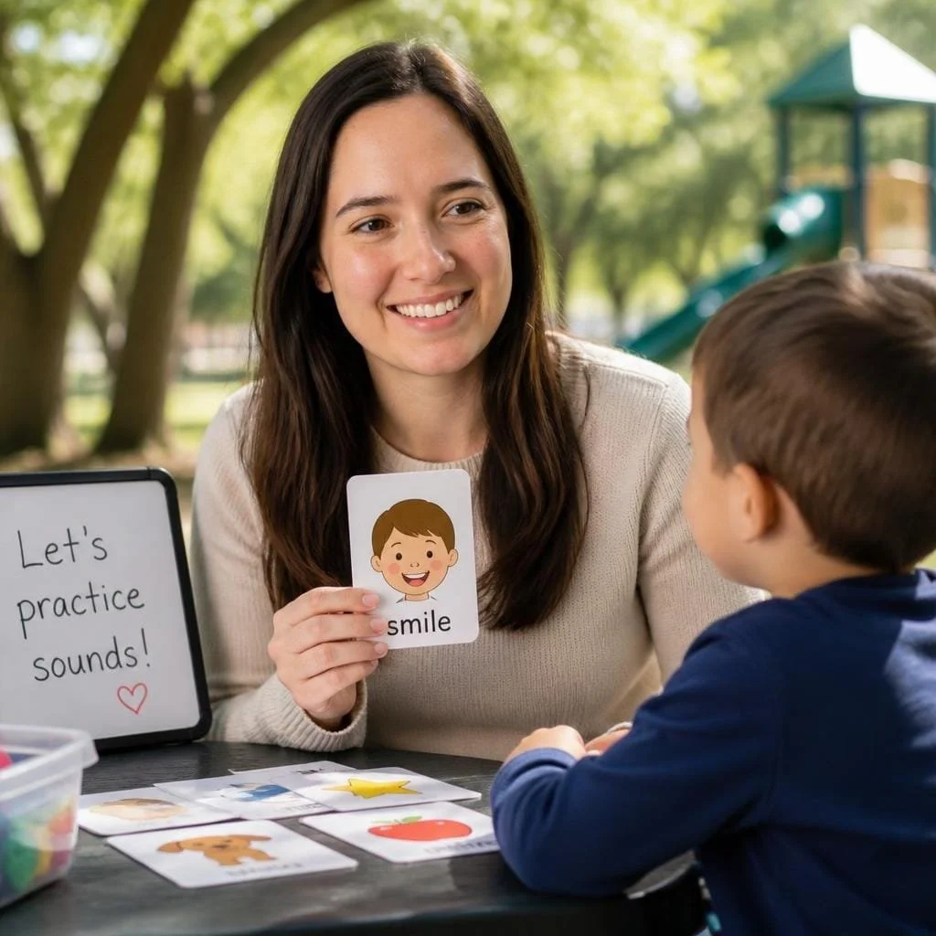 Sara Eliason, a speech therapist, in a speech therapy session in Albuquerque, New Mexico