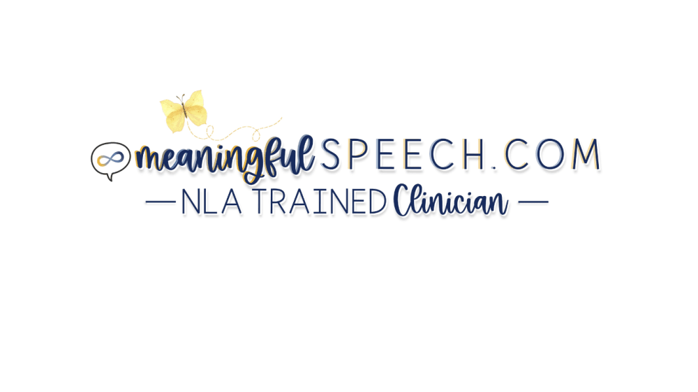 Logo for meaningfulSPEECH.COM featuring a yellow butterfly, a speech bubble with an infinity symbol, and text indicating a certified speech-language pathologist.