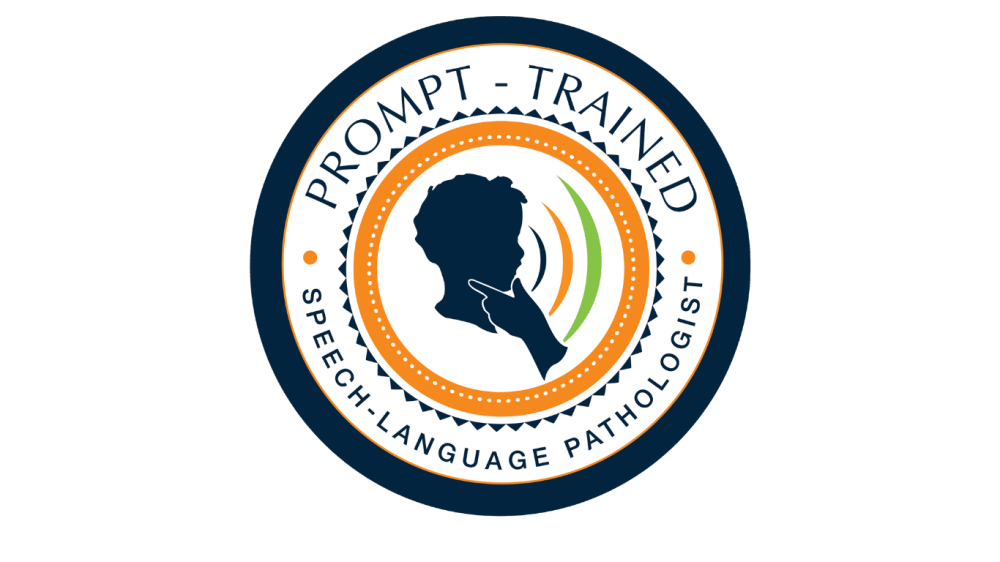 Prompt Trained Speech-Language Pathologist badge featuring a silhouette of a child with a finger to mouth.