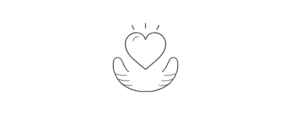 Black outline drawing of hands holding a heart with radiating lines.