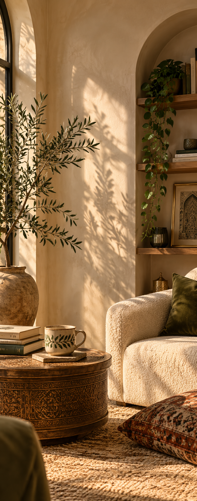 A cozy living room corner with sunlight streaming through a window, casting shadows of plants on the wall. There is a large potted plant, a cream-colored armchair with a green pillow, a wooden coffee table with books and a decorative mug, a patterned pillow on the carpet, and a built-in wooden bookshelf with books and decorative items.
