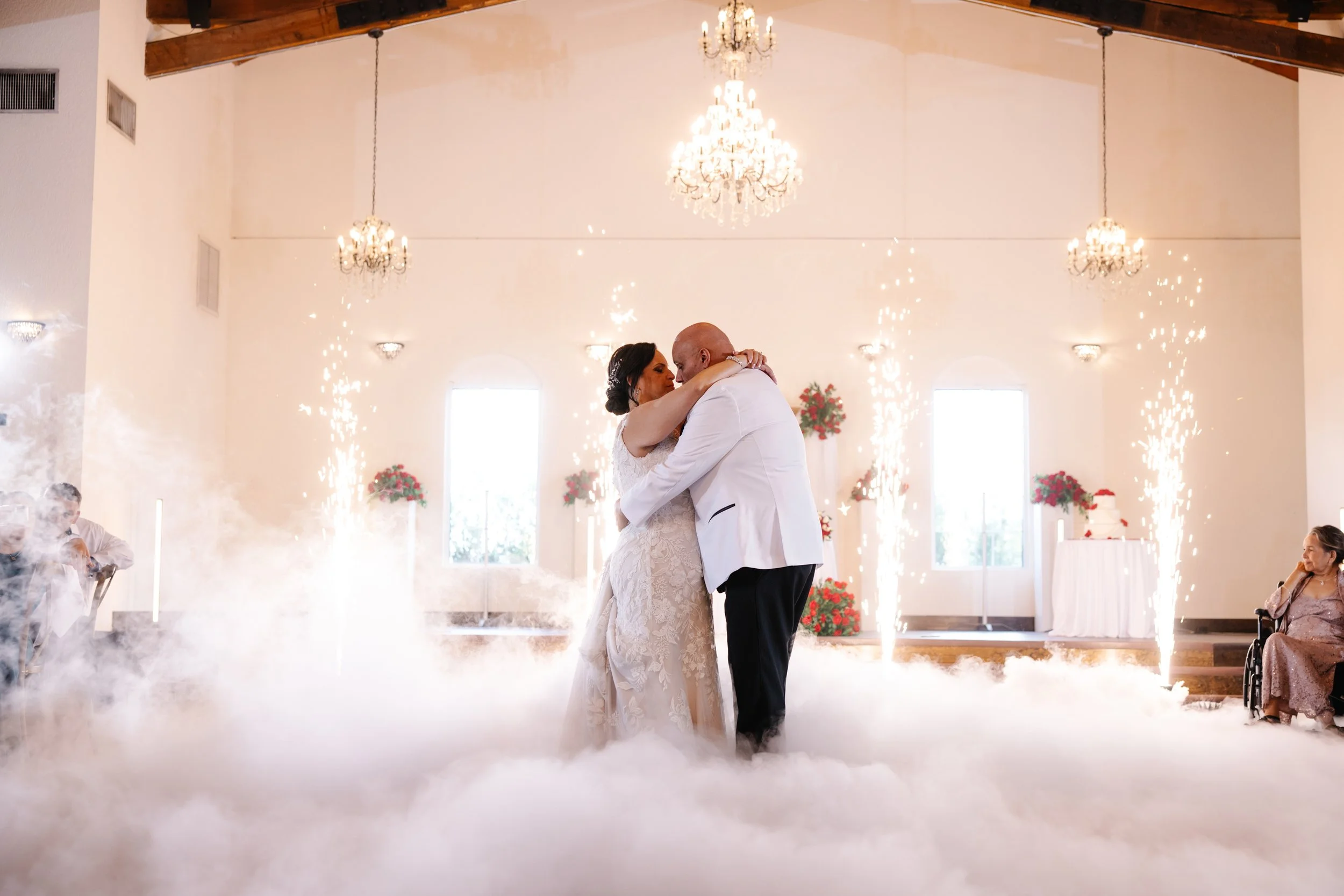 Bride and groom sharing their first dance with dancing on a cloud effect at an Orlando wedding by DJ Danny Garcia