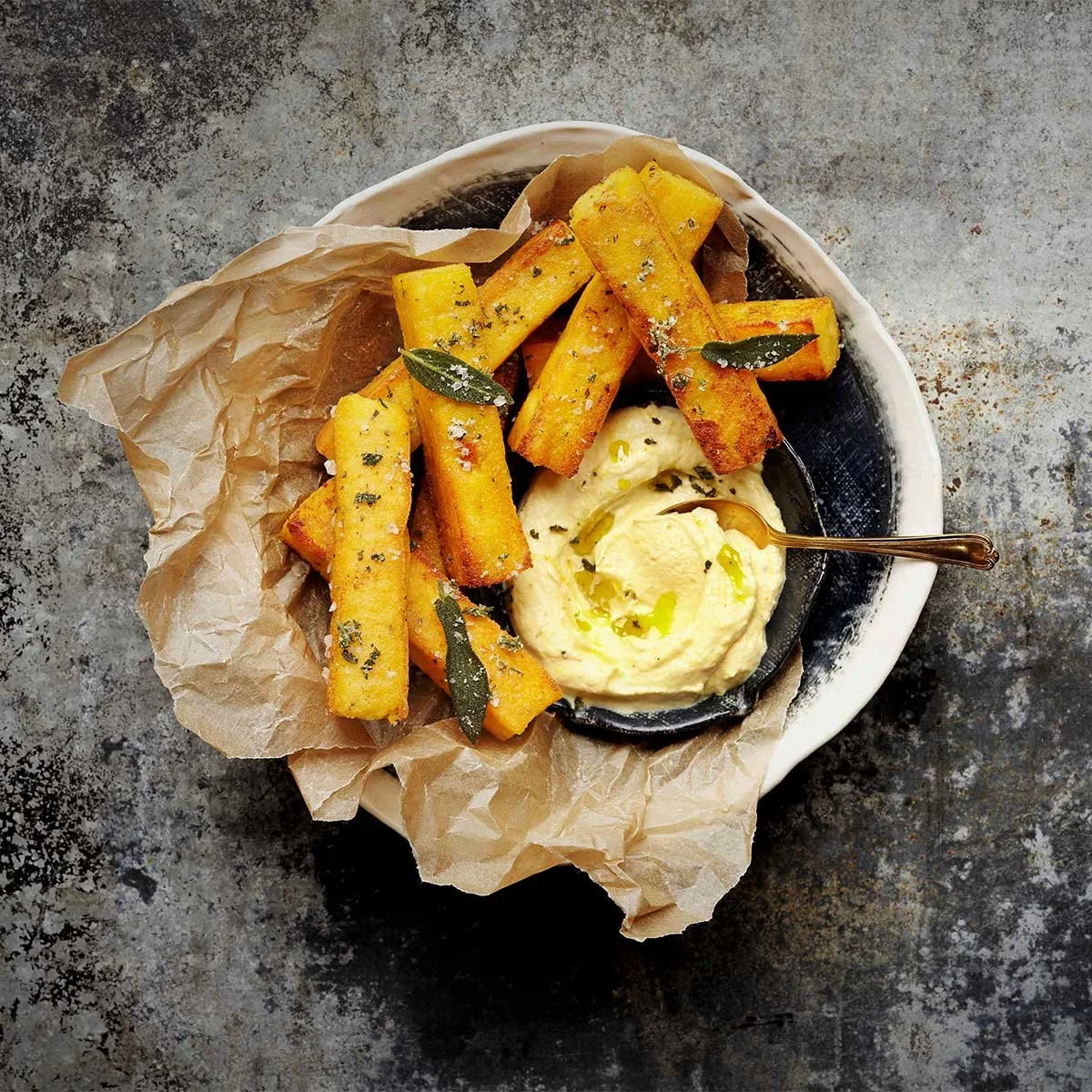 Polenta Chips with Whipped Fetta &amp; Saffron