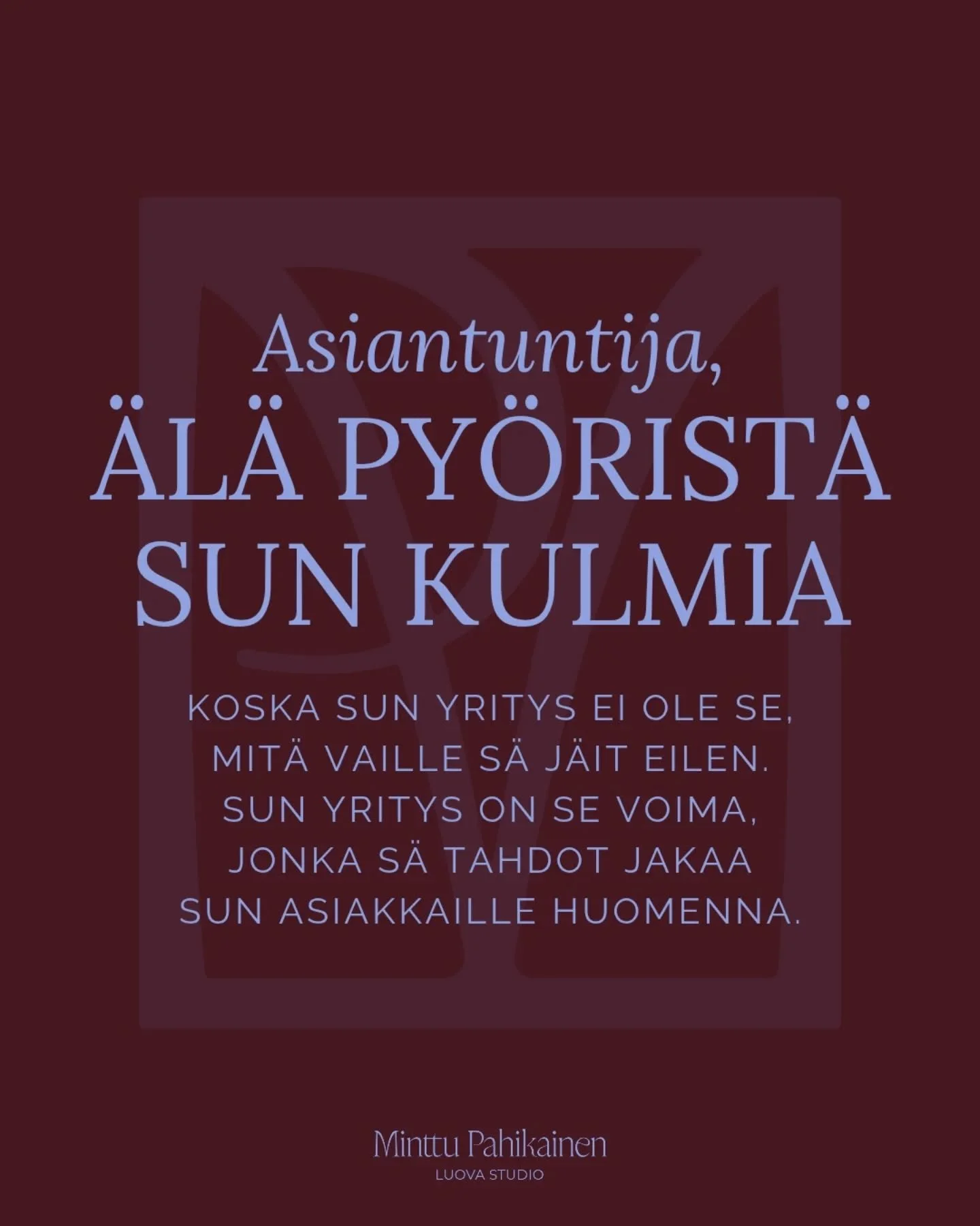 Kun m&auml; palasin yritt&auml;j&auml;ksi vanhempainvapaalta, m&auml; huomasin mun toimialan muuttuneen paljon sin&auml; aikana, kun m&auml; en ollut peliss&auml; mukana.

My&ouml;s mun haaveilemani markkinarako oli t&auml;ytetty ja mun kilpailijat o