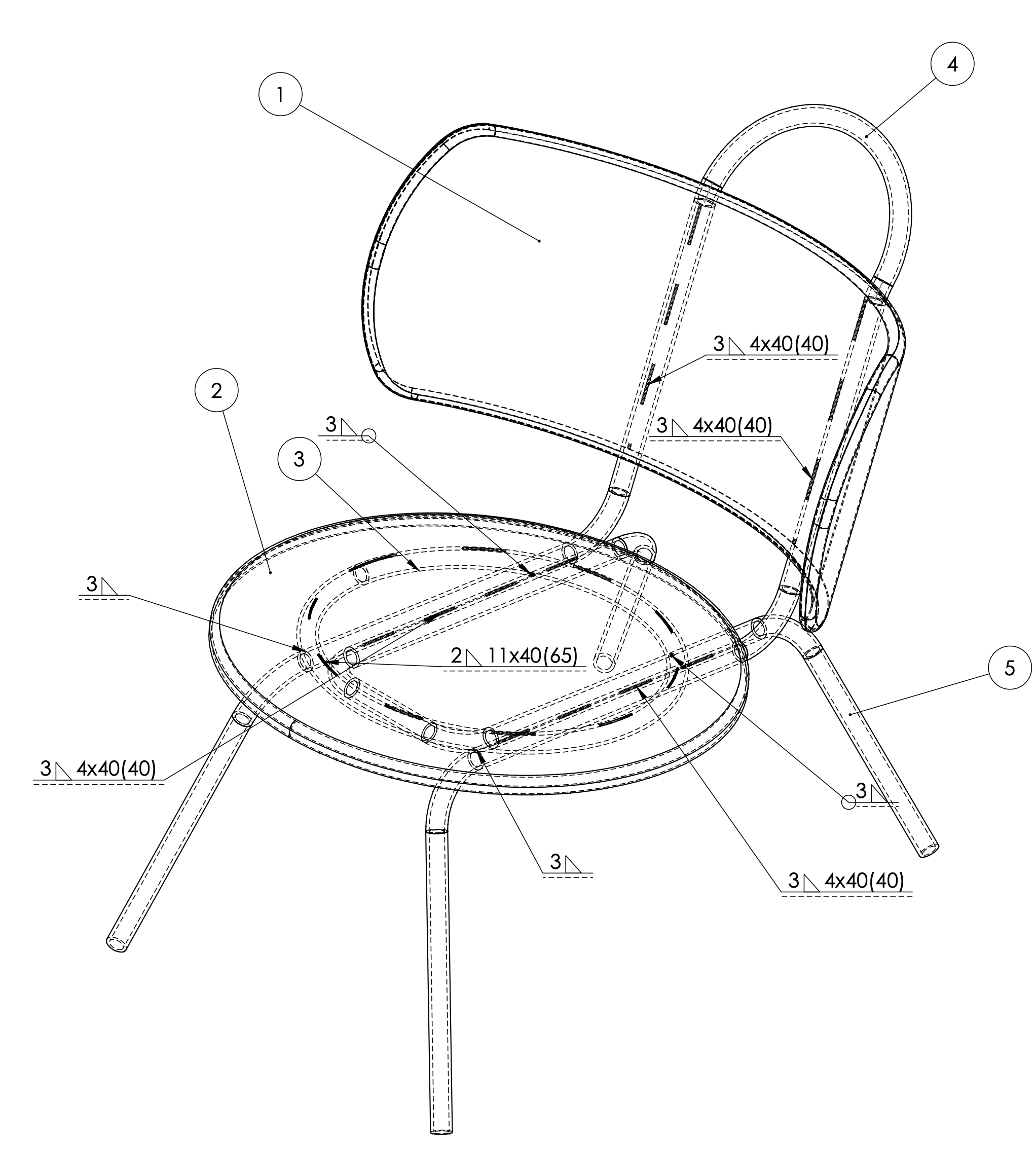 Plan technique d'une chaise avec différentes annotations et mesures en millimètres.