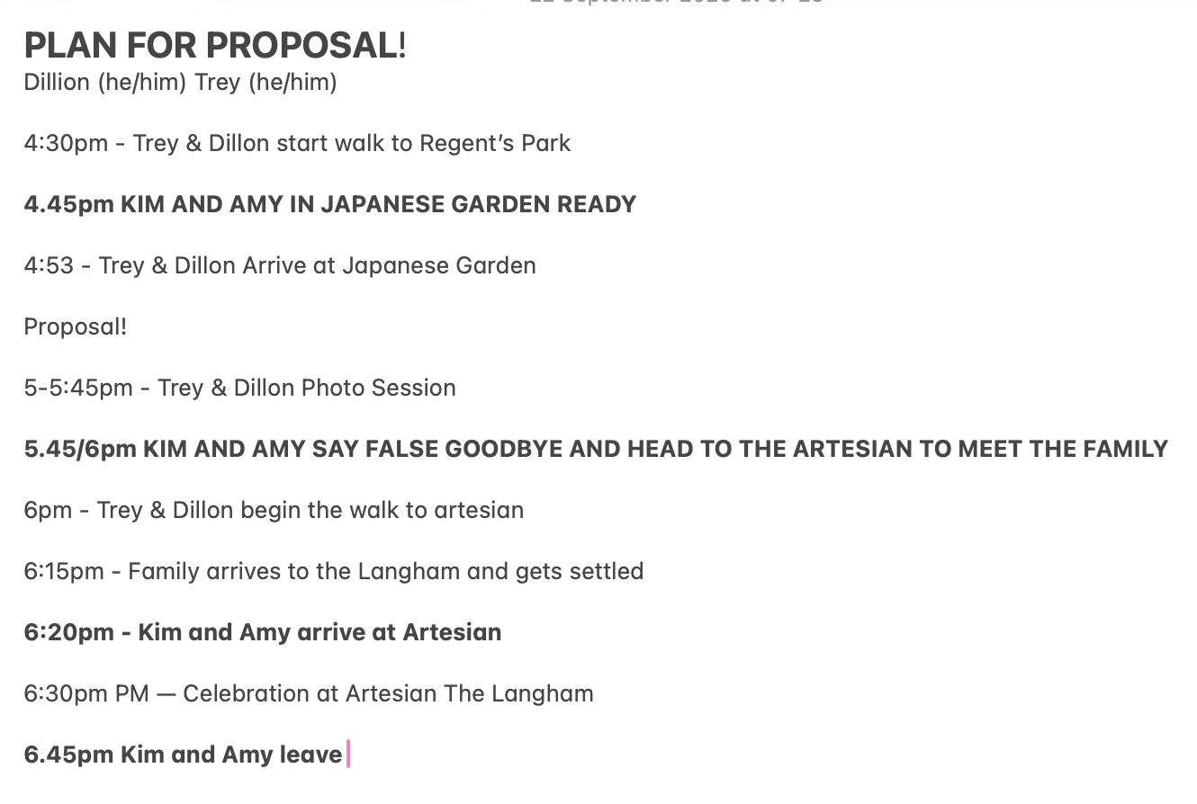 Regent's Park proposal timeline