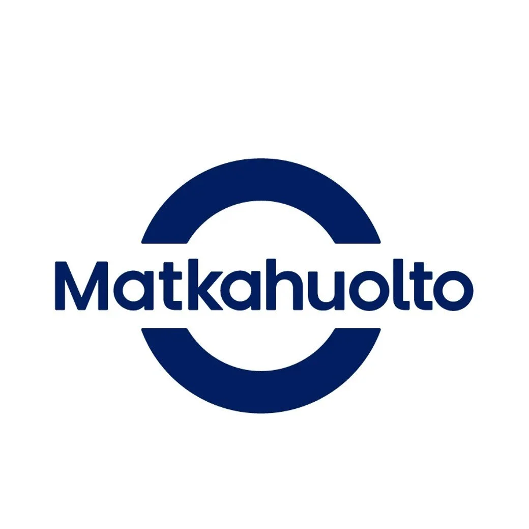 Matkahuolto-logo, sininen teksti ja ympyrä valkoisella taustalla.