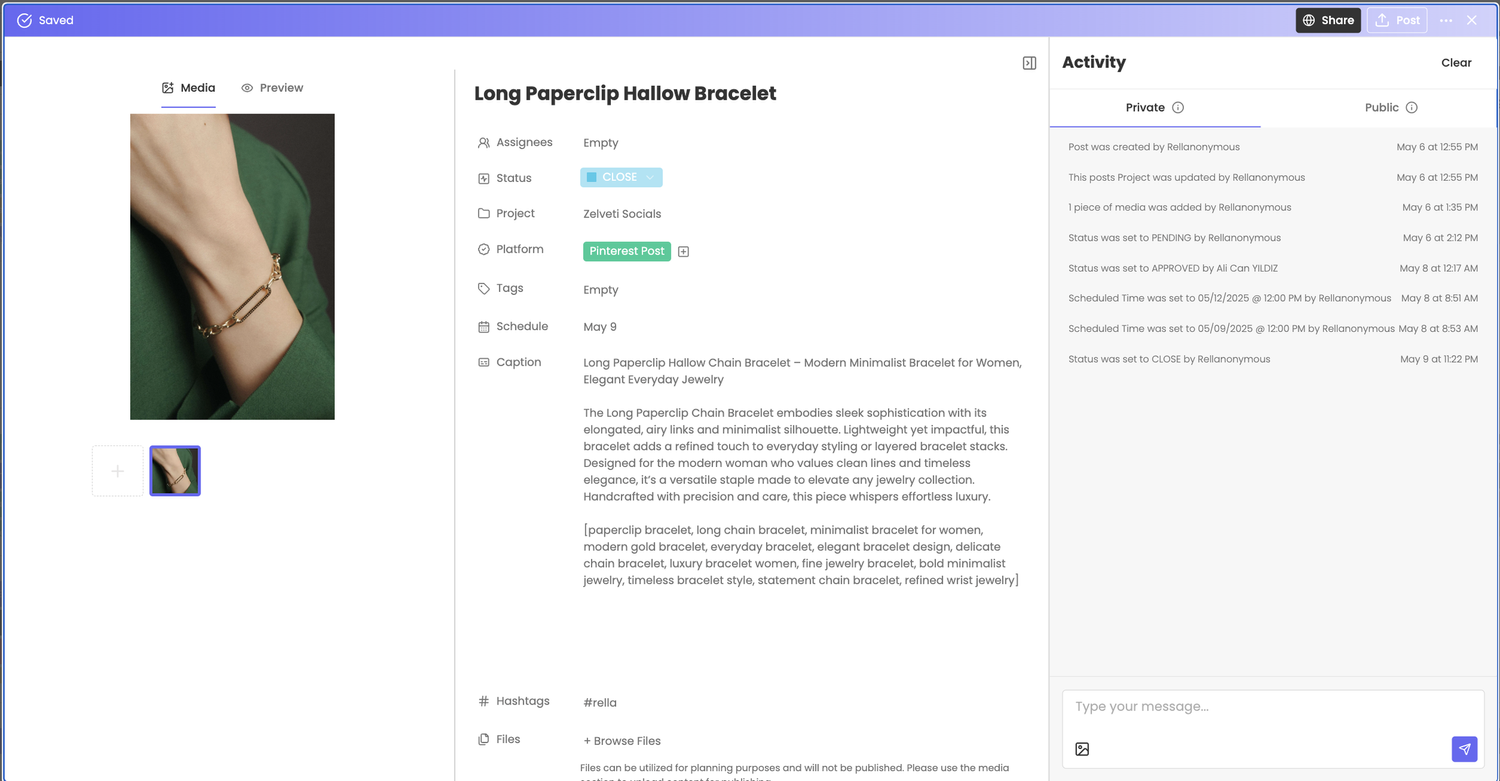 A single post in Rella with its caption, details and a comment thread