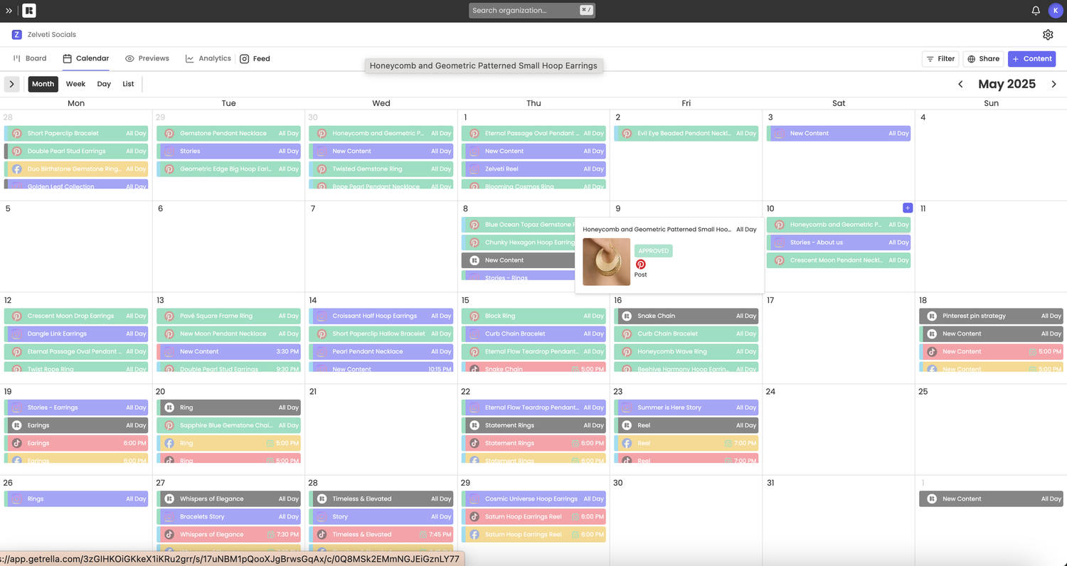 Rella calendar view showing a month of planned posts across platforms