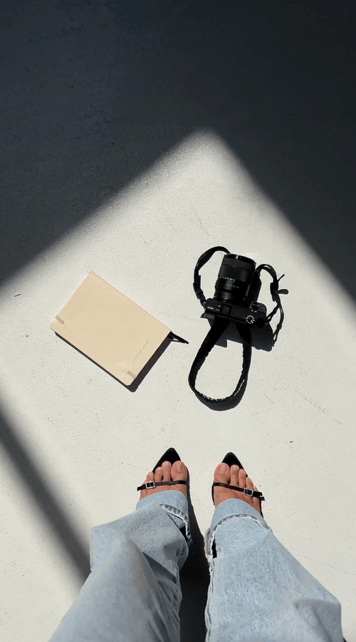 Camera and notebook on a styled flat lay