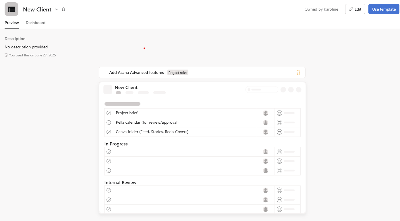 A client project in Asana built from the master template