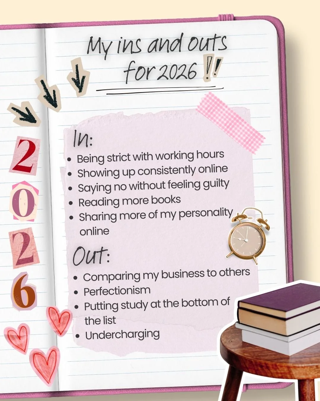 Some of my personal ins and outs for 2026, what are yours? Heading into my 6th year of self employment I really want to strike a better work life balance this year ✅ 

I really want to show up here more consistently this year, it seems ironic that I 