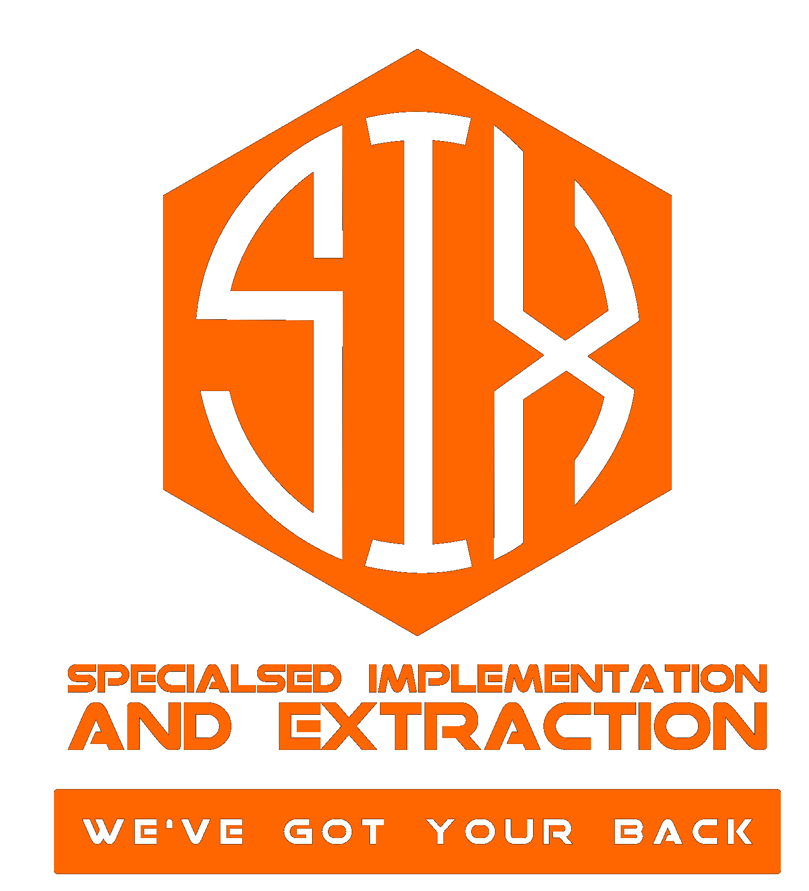 The image features a logo with a black and orange design. The logo depicts a stylized gear or machine component with the number 410X integrated into it. Below the logo, bold orange text reads, "SPECIALIZED IMPLEMENTATION AND EXTRACTION." Further down, there is an orange banner with black text that says, "WE'VE GOT YOUR BACK."