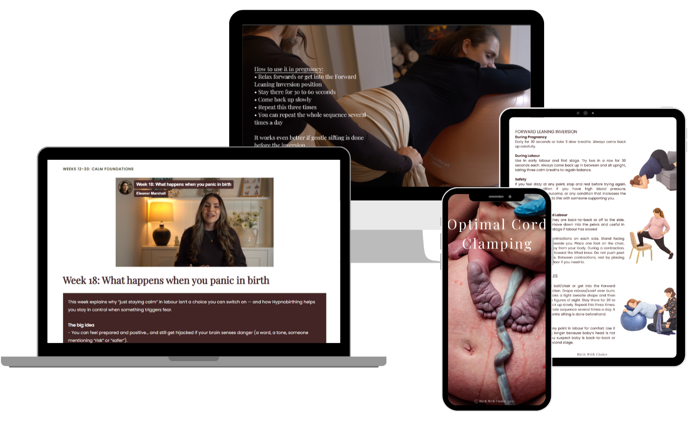 Digital devices displaying pregnancy and childbirth educational content, including instructional text, images of labor positions, and fetal development, on a laptop, tablet, and smartphone.
