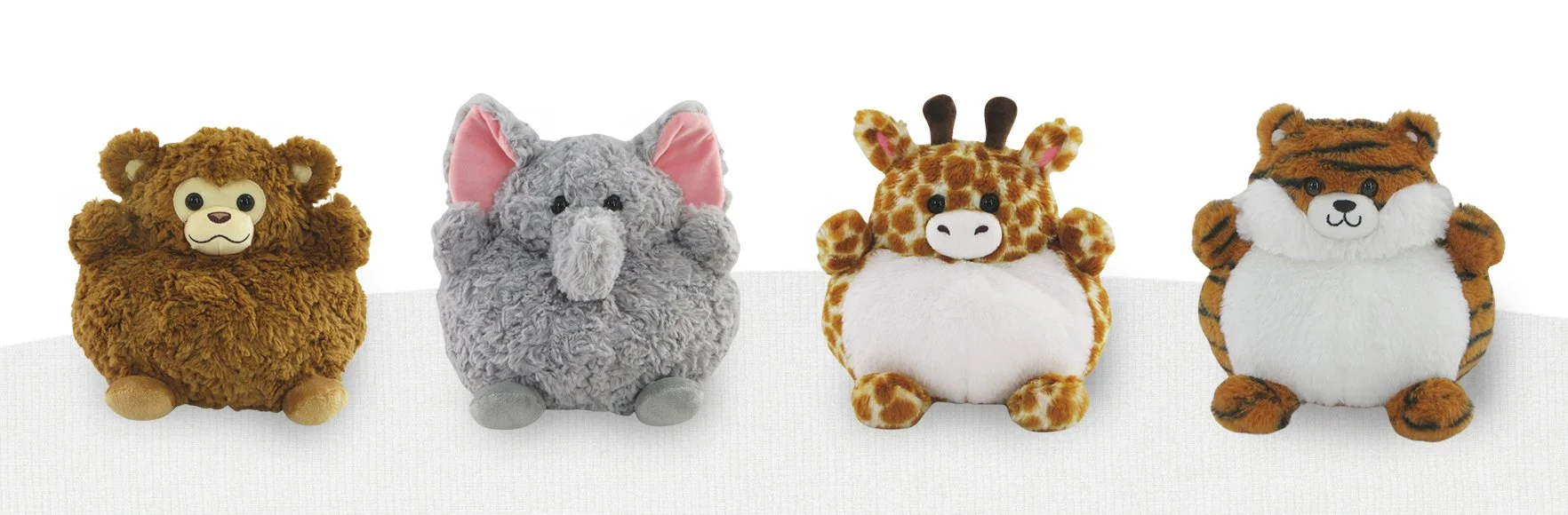 Four Chubzeez plush animal toys: a lion, an elephant, a giraffe, and a tiger, sitting on a white surface against a plain white background.