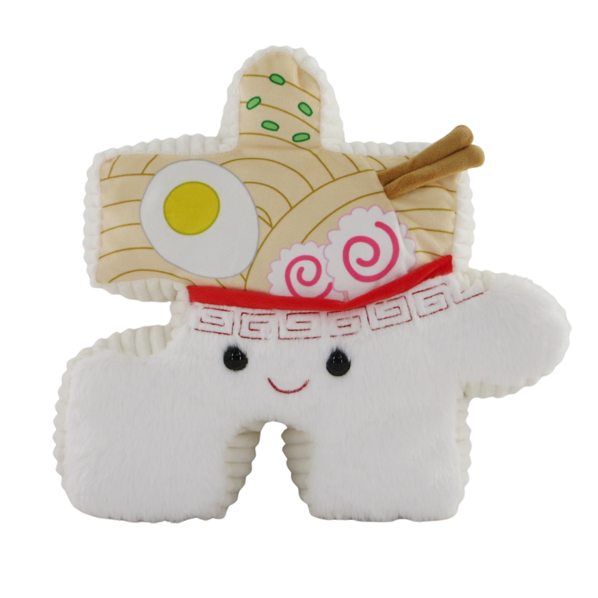 A Pluzzles "ramen" plush toy of a happy white rice bowl with a face, holding a plush ramen bowl with a smiling face, featuring an egg, noodles, chopsticks, and green onions.