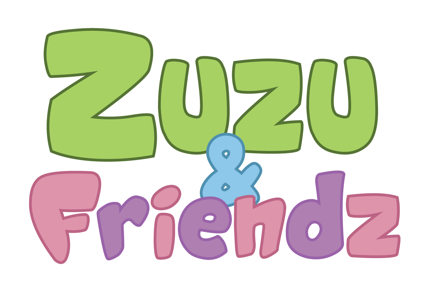 Colorful text reading Zuzu & Friends with pastel green, pink, purple colors and a small blue location marker in the center.