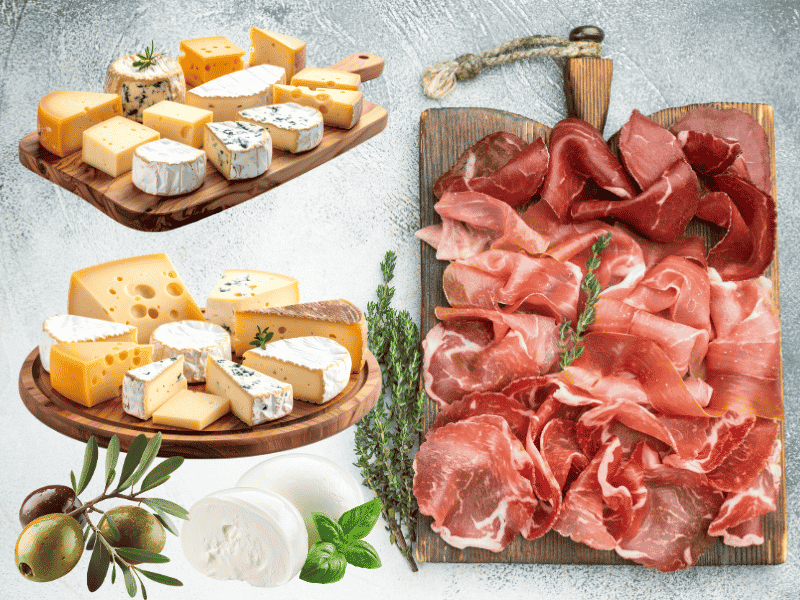 Platters of cheeses, mozarella, olives and platter of charcuterie