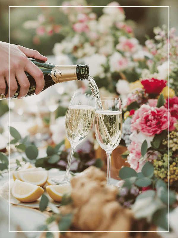 Main servant des coupes de chamapgne sur une table fleurie