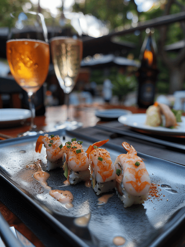 shushi platter and glasses of champagne