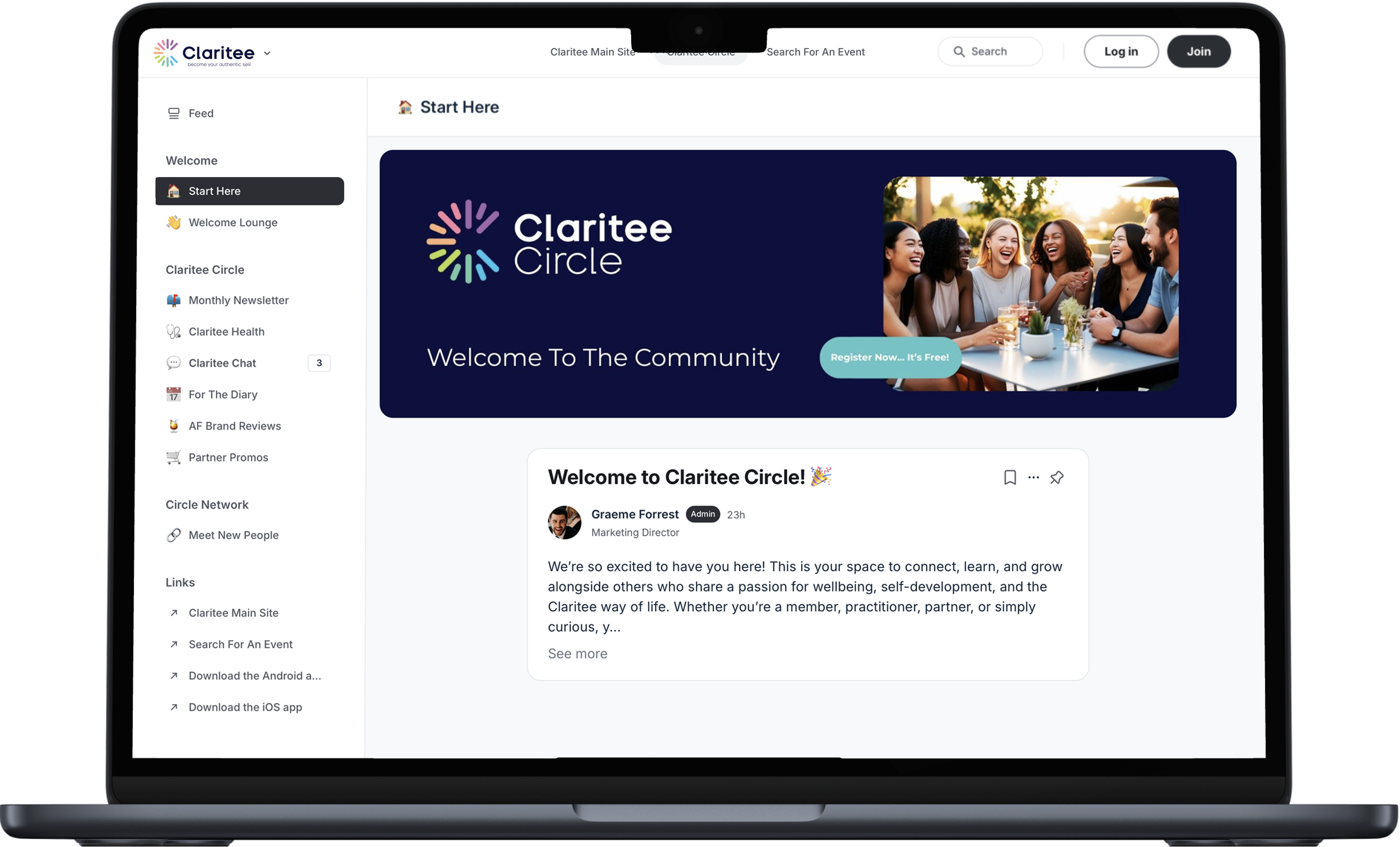 Screenshot of the Claritee Community website home page displayed on a laptop screen. The page features a header with the Claritee logo, navigation links, and a welcoming banner with a group of diverse people smiling and having a conversation at an outdoor table during sunset.