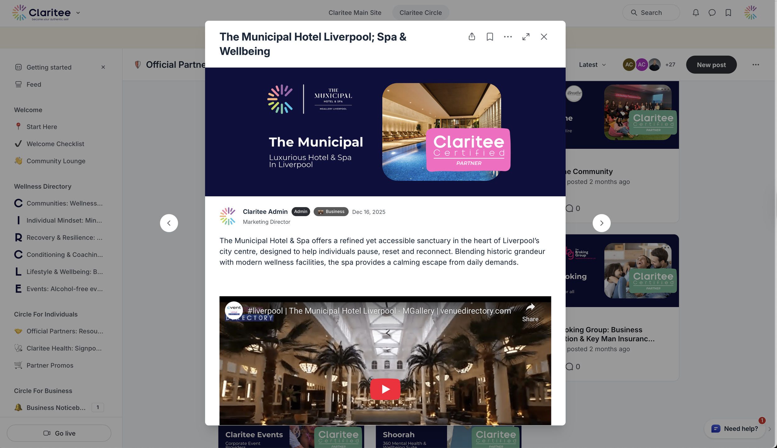 Digital promotional poster for The Municipal Hotel & Spa Liverpool, showcasing a luxurious hotel and spa with an indoor pool, illuminated interior, and palm trees in the lobby.