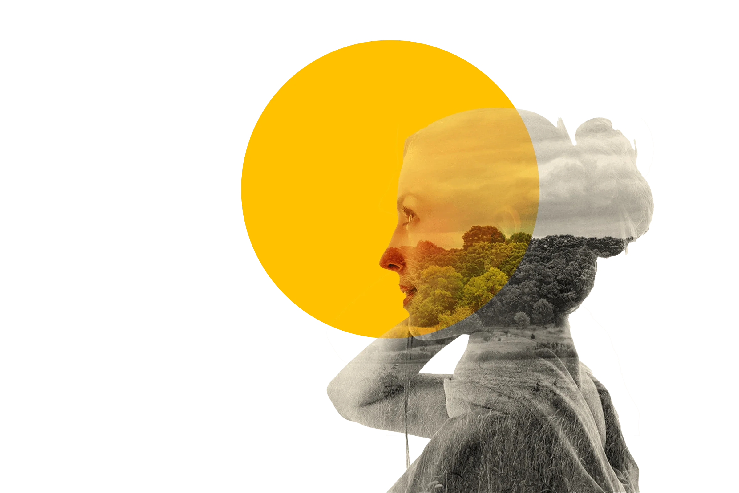 A double exposure of a woman with a profile view, her face blending with a landscape of trees and sky, overlaid with a yellow circle.