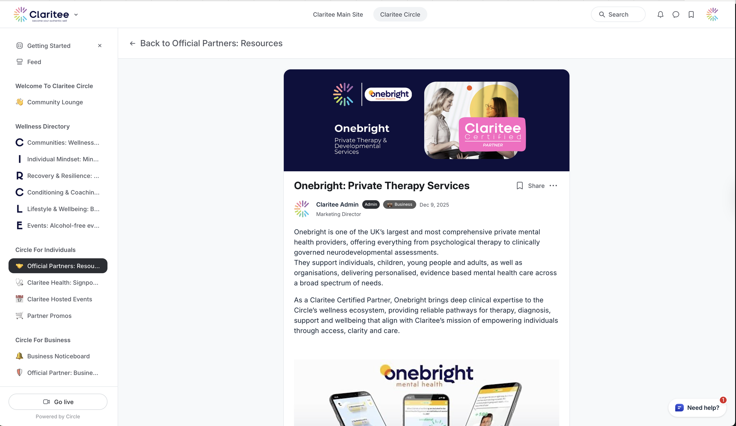 Screenshot of a webpage titled "Onebright: Private Therapy Services" with a banner featuring two women in consultation, one with blonde hair and one with dark hair, and a pink label that says "Claritee Certified Partner." The webpage includes text about mental health services offered by Onebright, a logo of Onebright, and an image showing three smartphones displaying mental health apps.