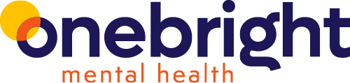 Logo for 'onebright', a mental health organization, with the words 'onebright' in dark purple and 'mental health' in orange.