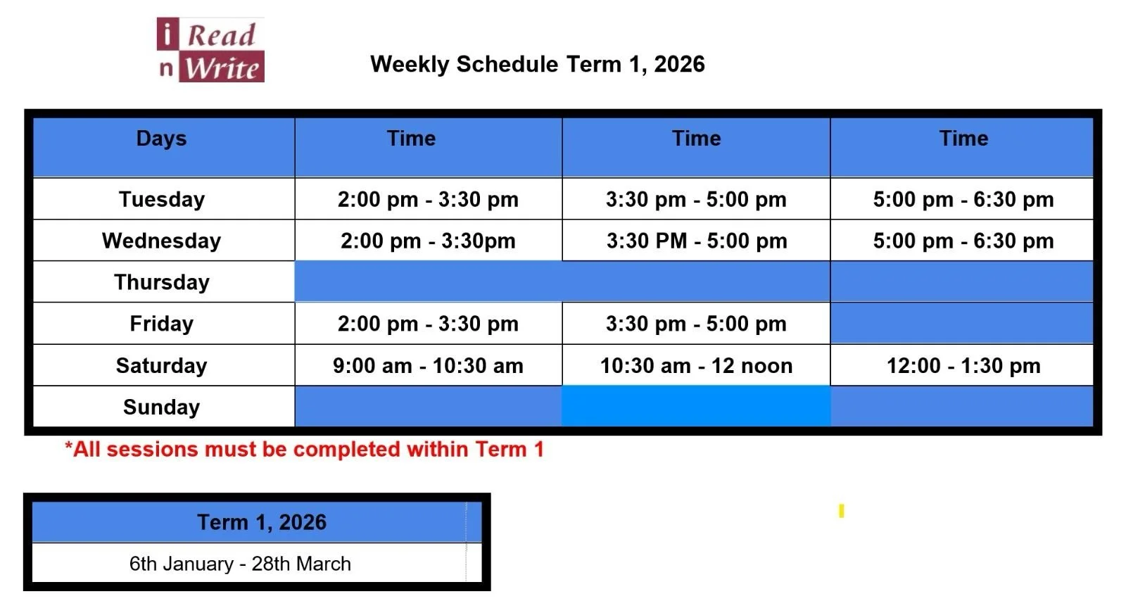 iReadnWrite 2026 Schedule