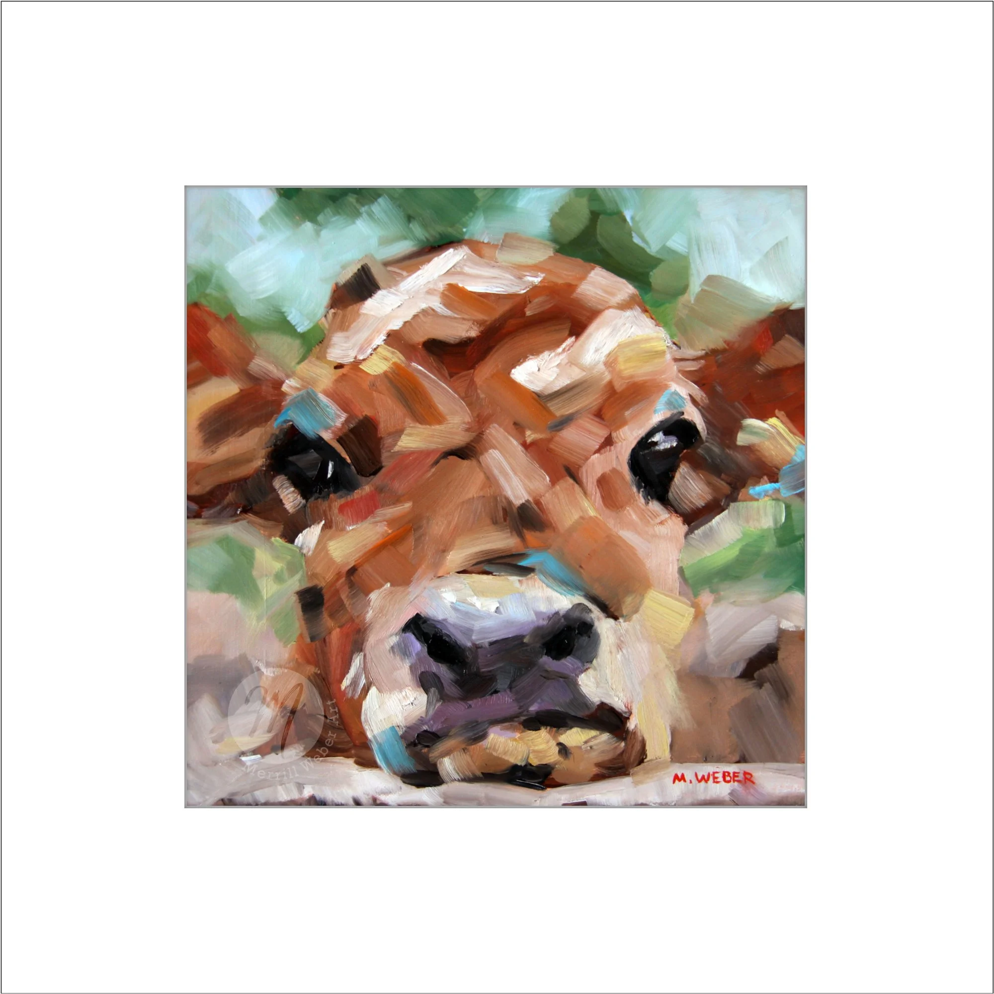 Sweet Sally the Cow fine art print showing bold loose brushstrokes and big dark eyes by Merrill Weber