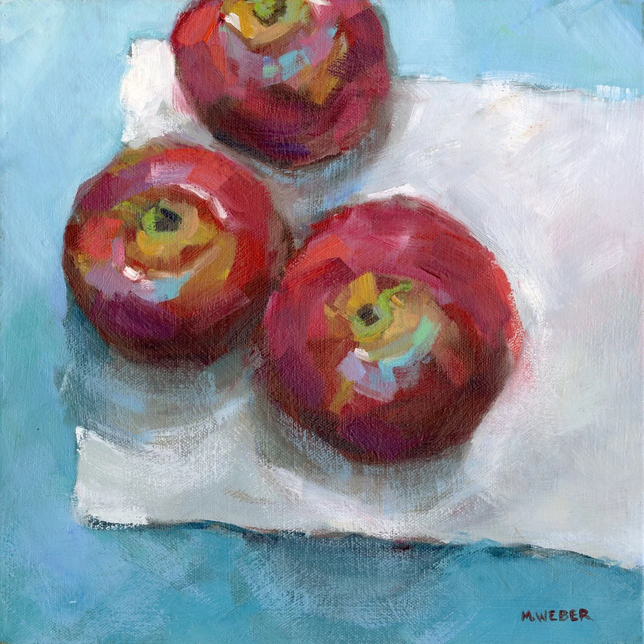 Three Apples original oil painting by Merrill Weber, red apples on white cloth with blue background, expressive brushwork, 12x12 still life