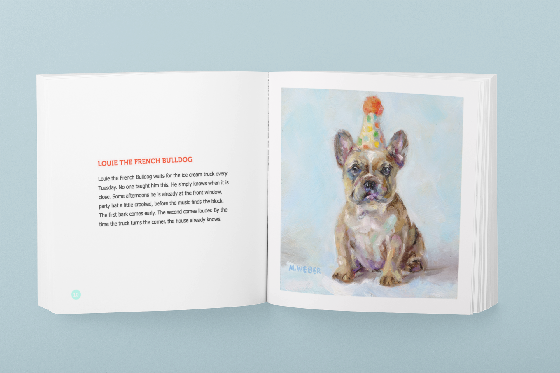 Open spread from Party Animals book showing Louie the French Bulldog painting beside a short story on pale blue background.