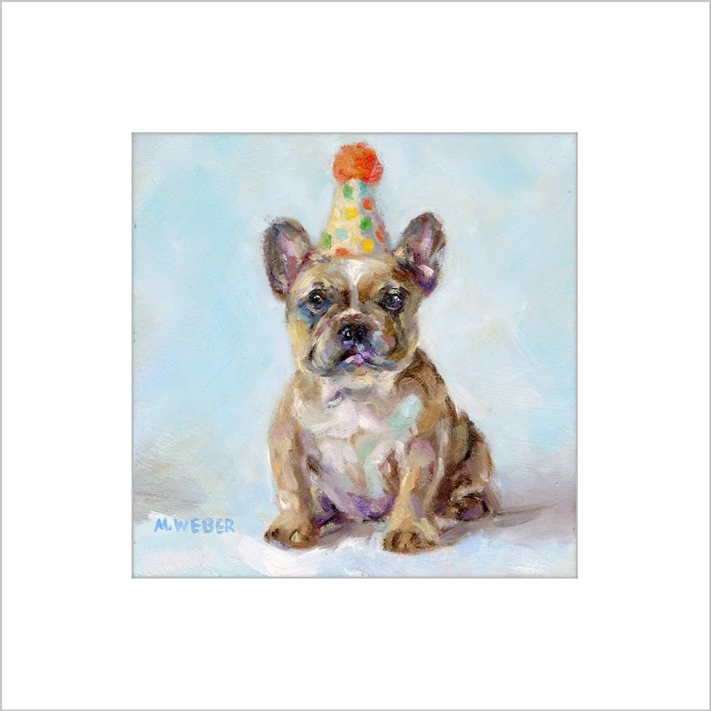 Louie the French Bulldog fine art print with white mat, French Bulldog in party hat giclée print by Merrill Weber