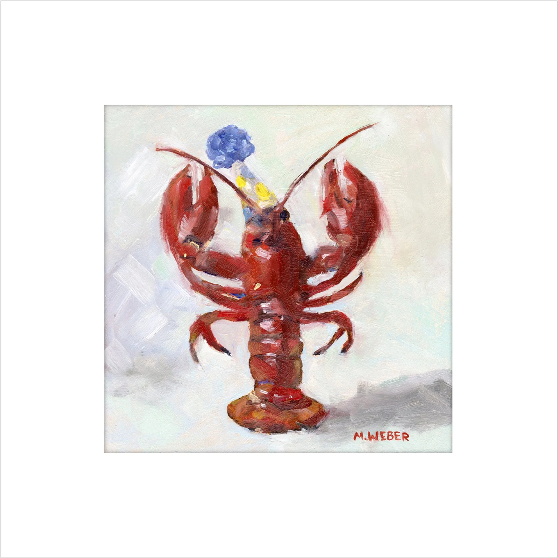 Fitzgerald the Lobster giclée fine art print by Merrill Weber featuring a red lobster wearing a blue pom-pom party hat against a soft lavender background
