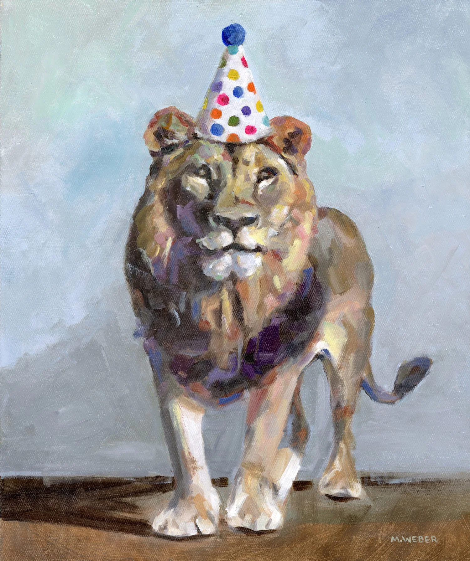 Augustus the Lion original 24x20 oil painting by Merrill Weber, a lion in a polka dotted party hat painted with bold brushwork against a blue background, framed, Party Animals series