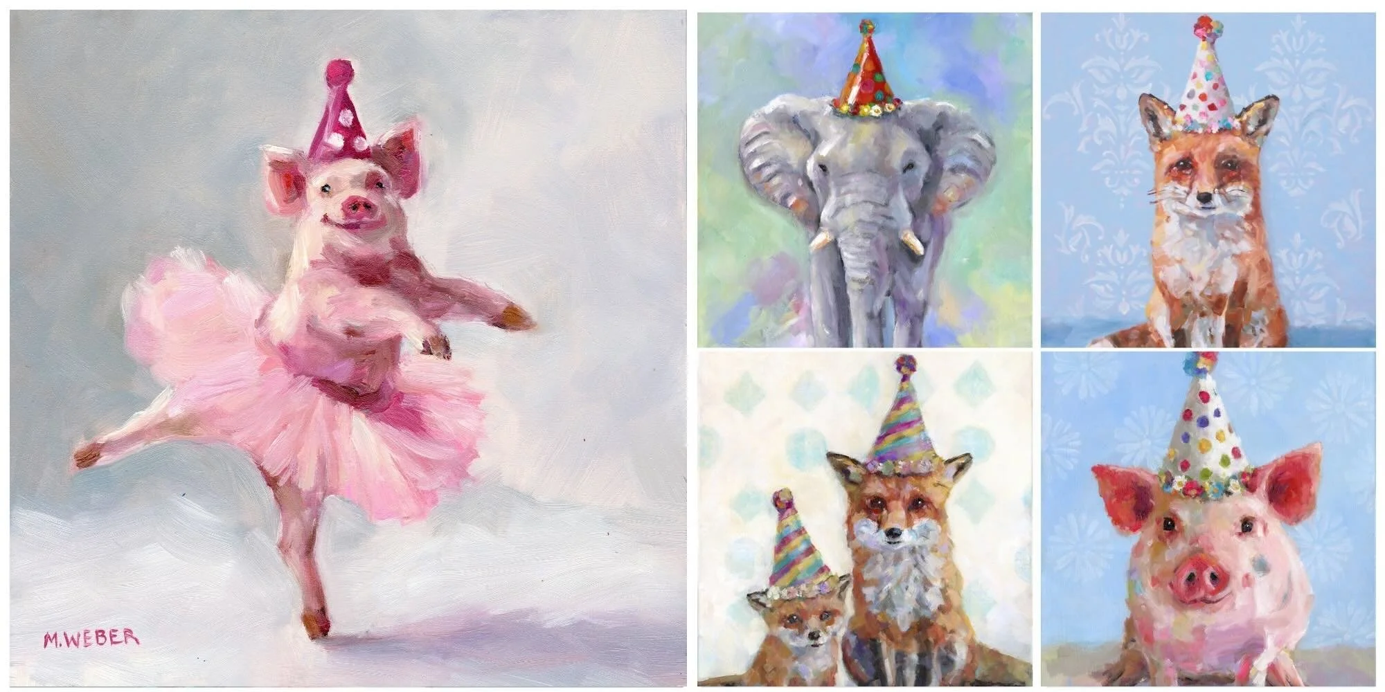 A collection of original paintings of animals by fine artist merrill weber.  The images include a pig, elephant, fox all with party hats on.