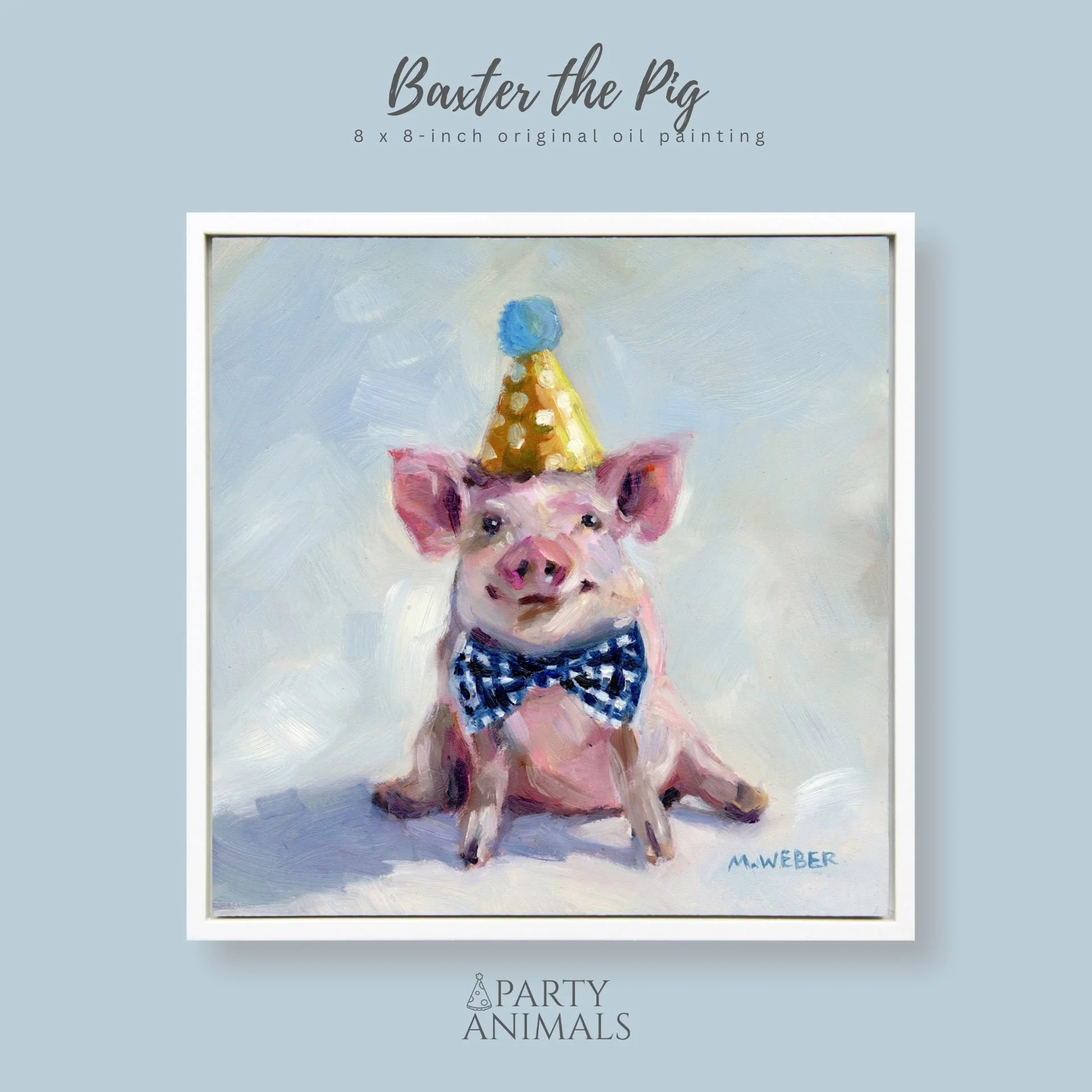 Baxter, a pig wearing a party hat and bow tie, 8x8 oil painting on wood by Merrill Weber from the Party Animals series.