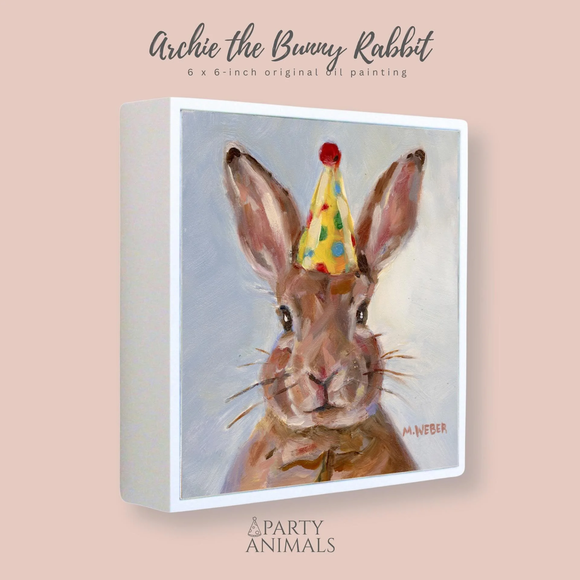 Archie the Bunny Rabbit mini oil painting by Merrill Weber in a custom white poplar floater frame, bunny rabbit wearing a polka dotted party hat. Part of the Party Animals series