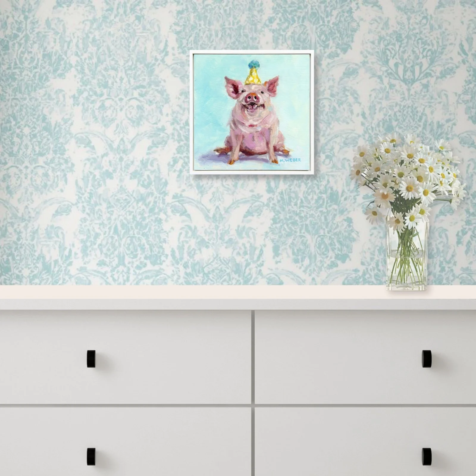 Otis, a pig wearing a party hat, 6x6 oil painting on wood by Merrill Weber from the Party Animals series.