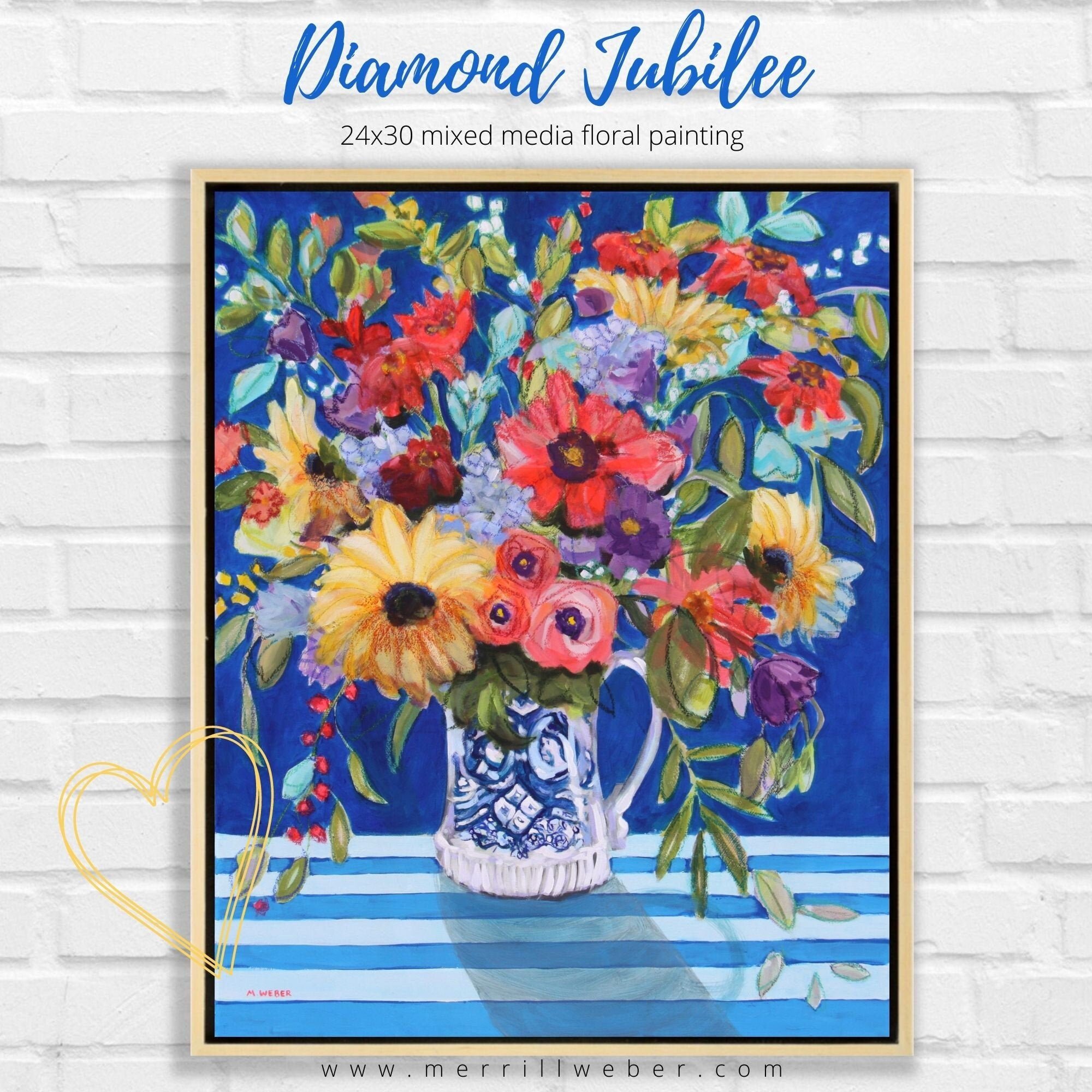 Large Framed Floral Painting, DIAMOND JUBILEE, Big Blue and White Flower Arrangement Painting