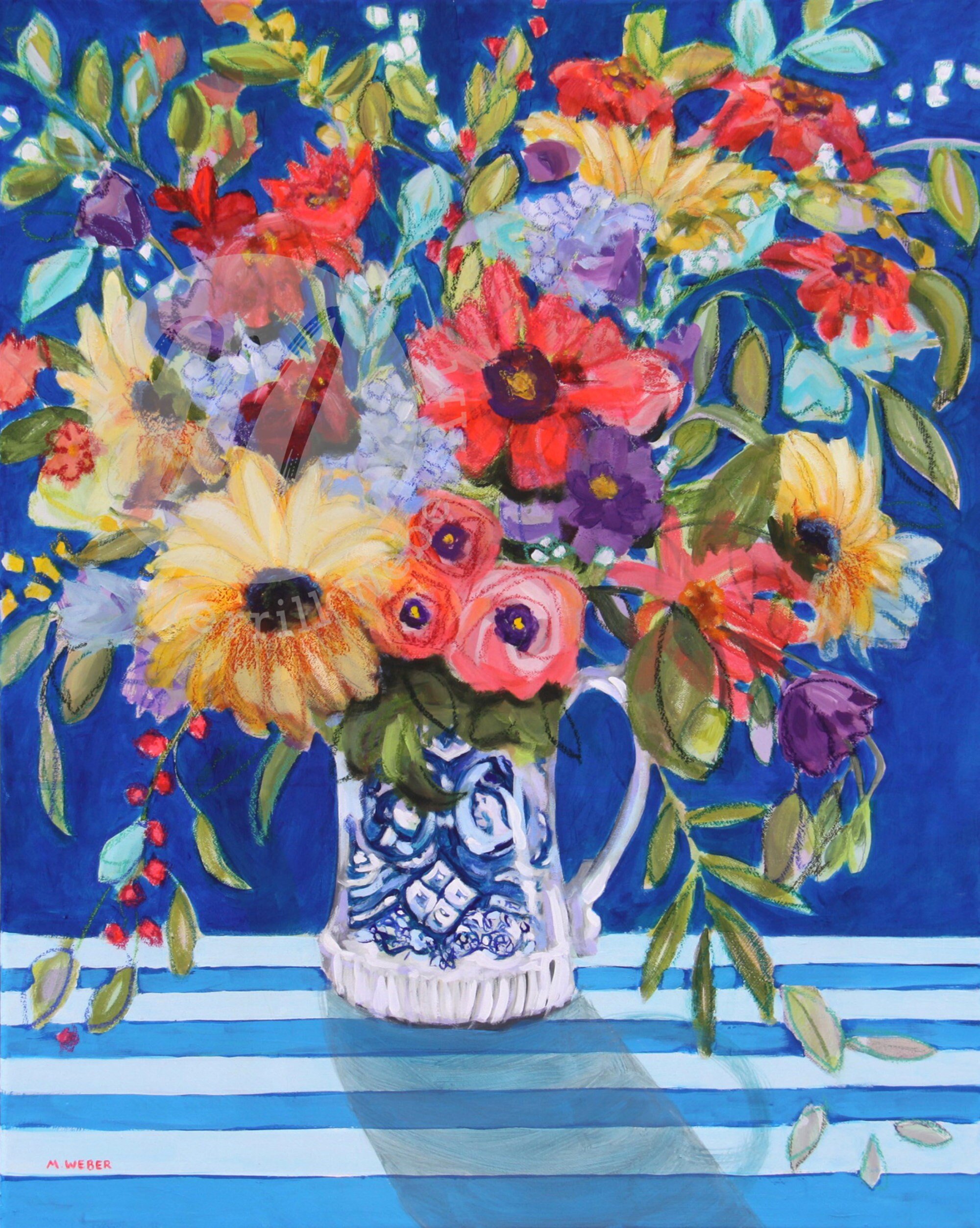 Large Framed Floral Painting, DIAMOND JUBILEE, Big Blue and White Flower Arrangement Painting