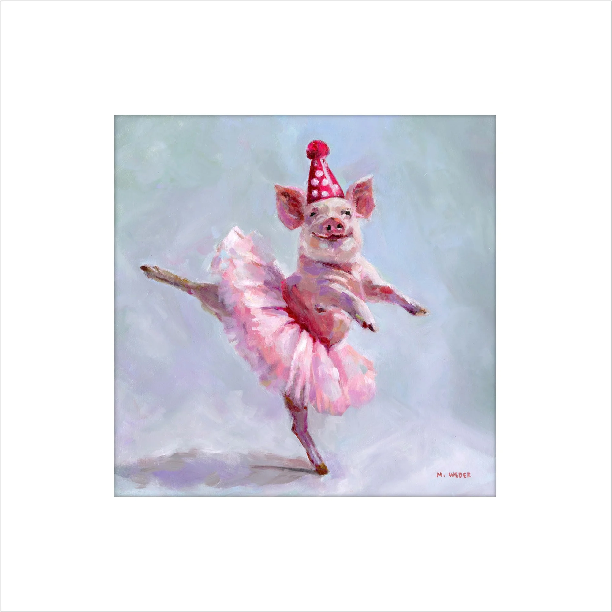Juliette the Dancing Pig giclée fine art print by Merrill Weber featuring a dancing pig in a pink tutu and polka dot party hat against a soft blue-gray background
