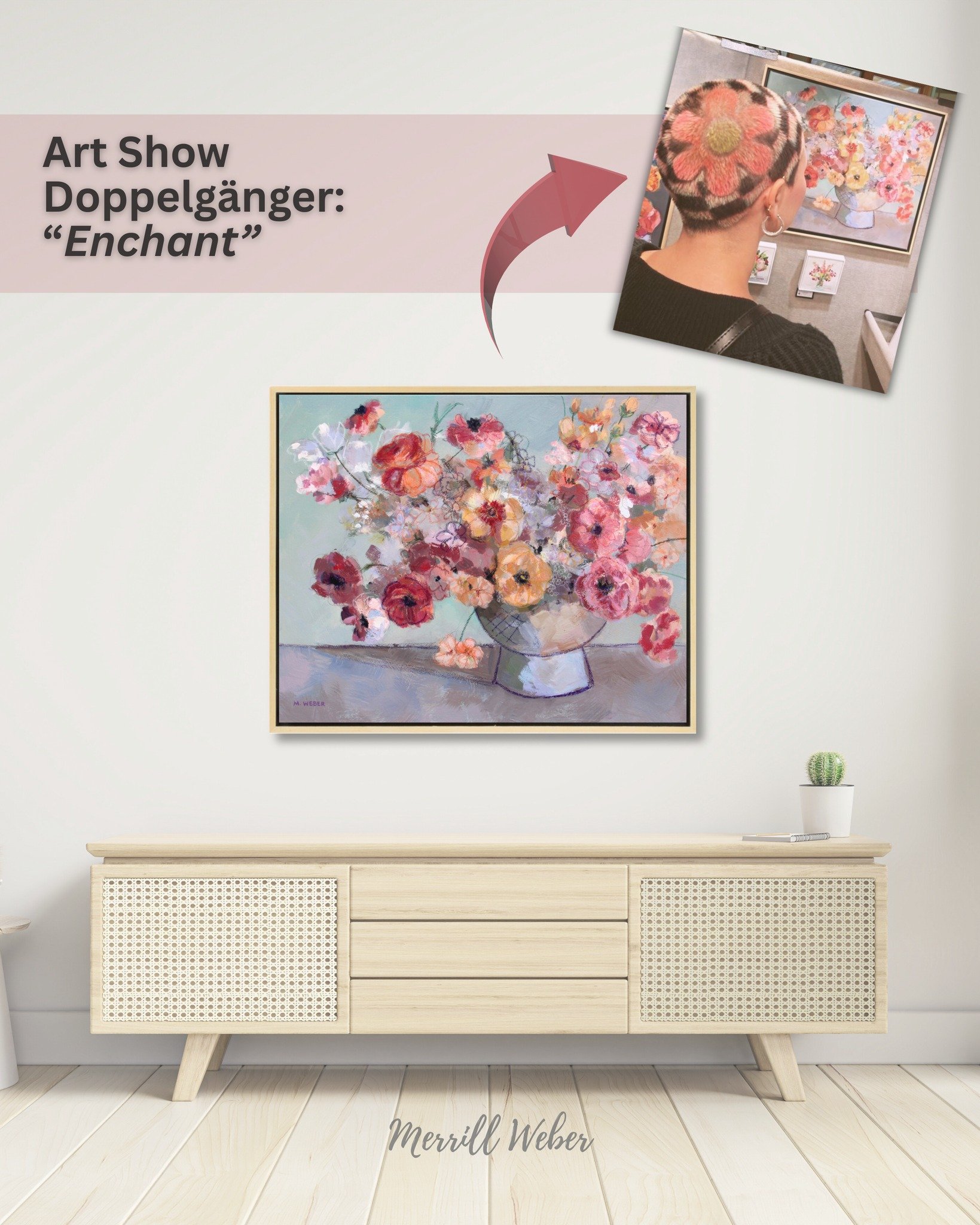 Art Show Doppelg&auml;nger

One of my favorite things is spotting those accidental matches between people and paintings. A shared palette. A moment of harmony.

This one happened during the Frog Hollow Art Show when a patron&rsquo;s flower hair echoe