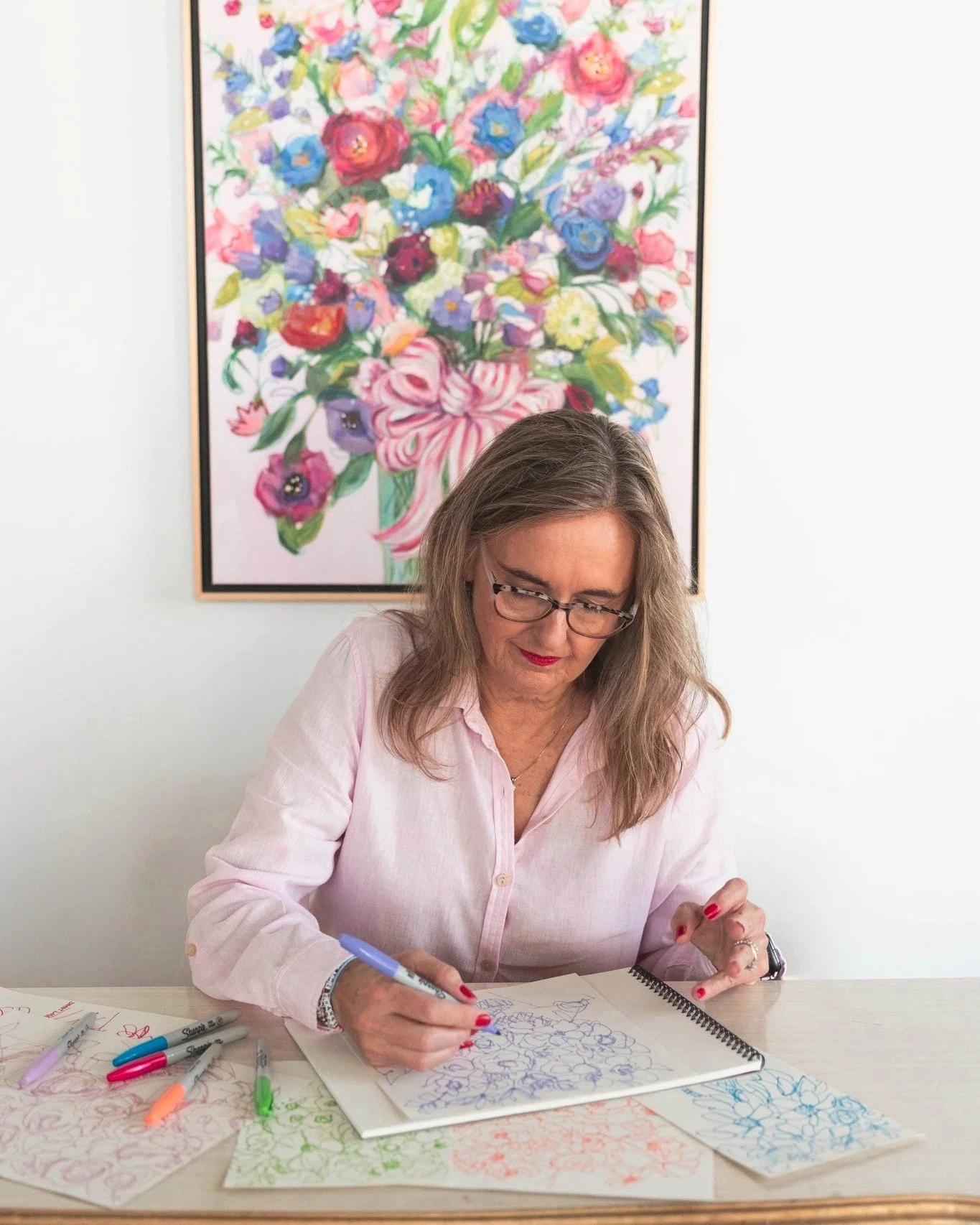 Every mixed media floral painting I create begins with a sketch like this. The Sharpie marker lines hold the first spark of an idea, capturing movement and energy before color ever touches the canvas. From floral line art on paper to layers of paint,