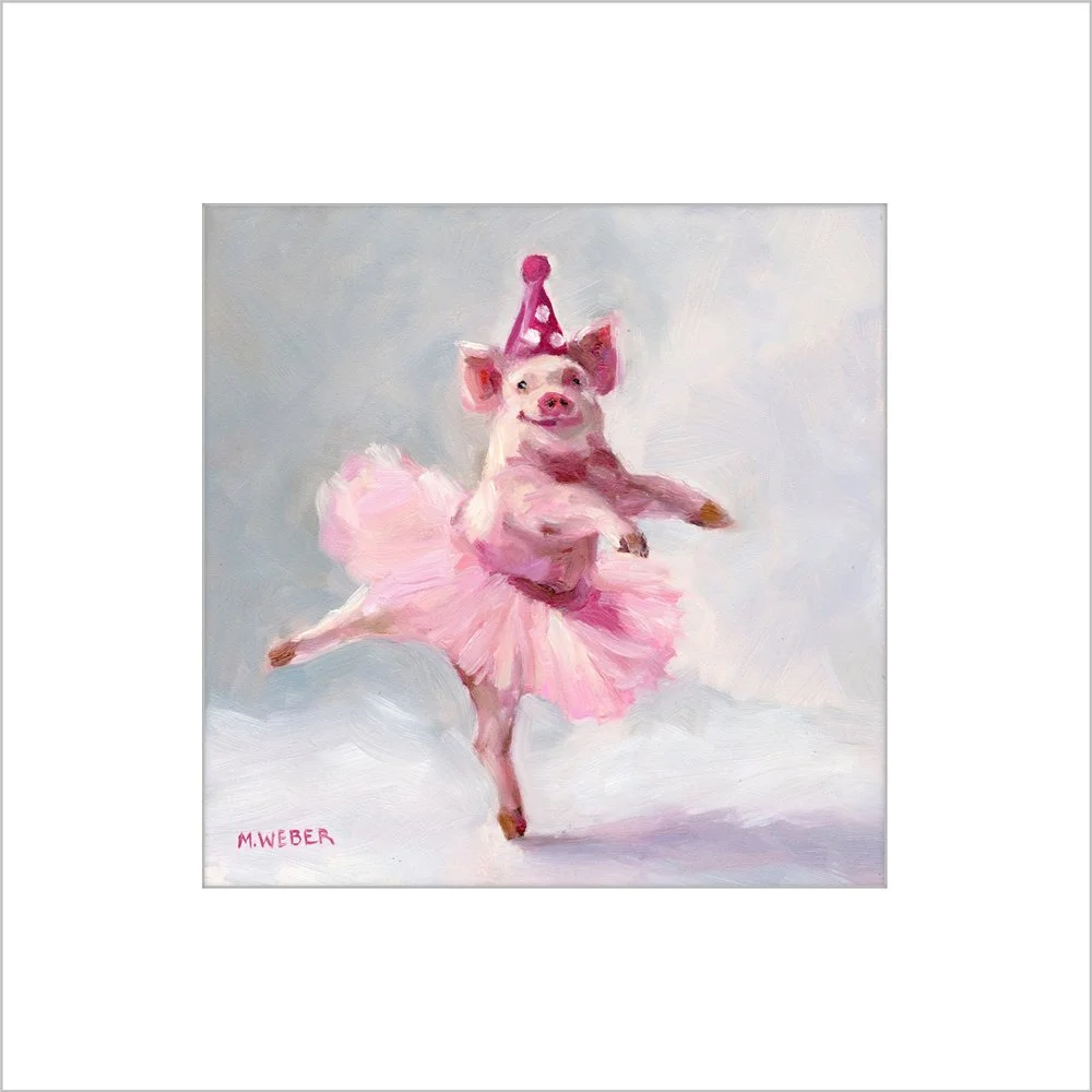 Camille the Dancing Pig ballet fine art print with white mat, ballerina pig in party hat, girls room decor by Merrill Weber