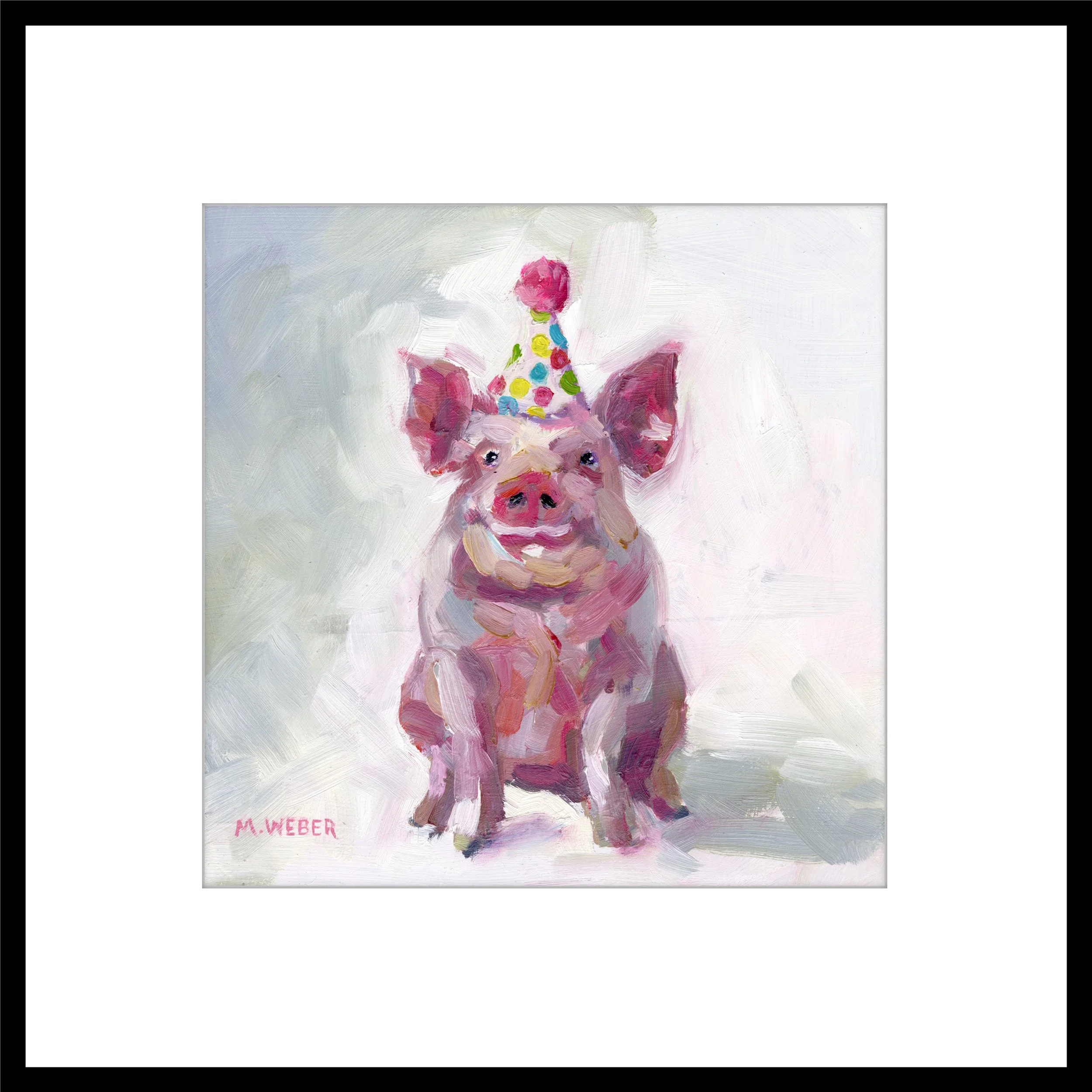 Framed and matted Dolly the Pig fine art print by Merrill Weber, pink pig wearing a colorful party hat from the Party Animals series