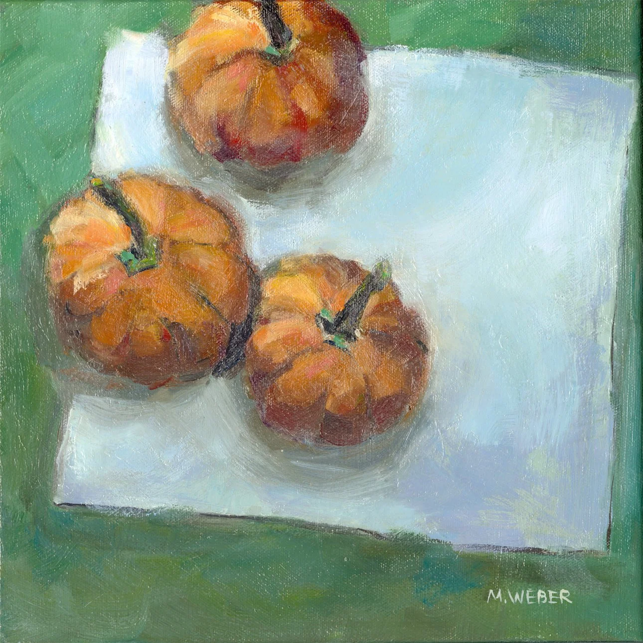 Original oil painting of three pumpkins on white cloth with green background by Merrill Weber